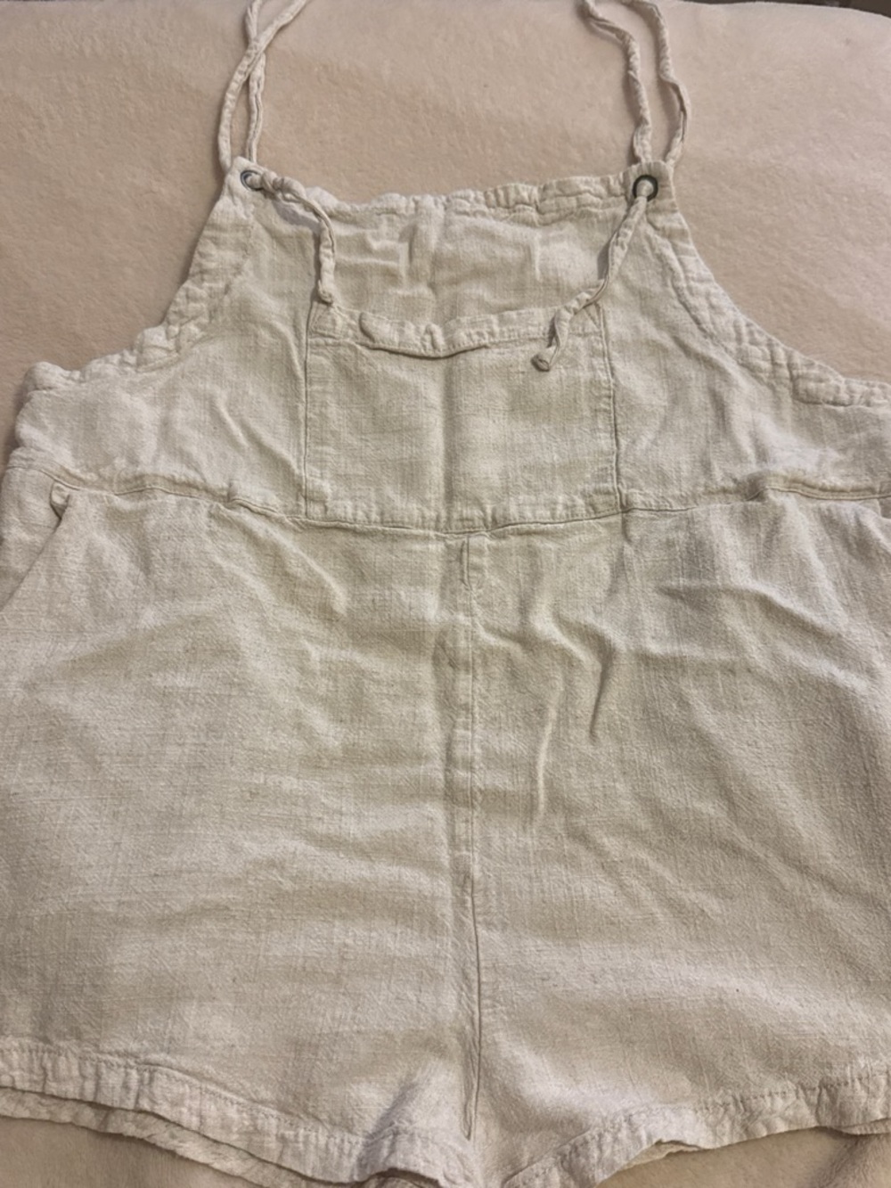 Women's Cream Linen-Blend Short Romper Overalls